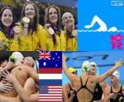 Подиум, плавание, эстафета 4 x 100 м, Австралия, Соединенные Штаты Америки и Нидерланды - Лондон 2012 - женщин